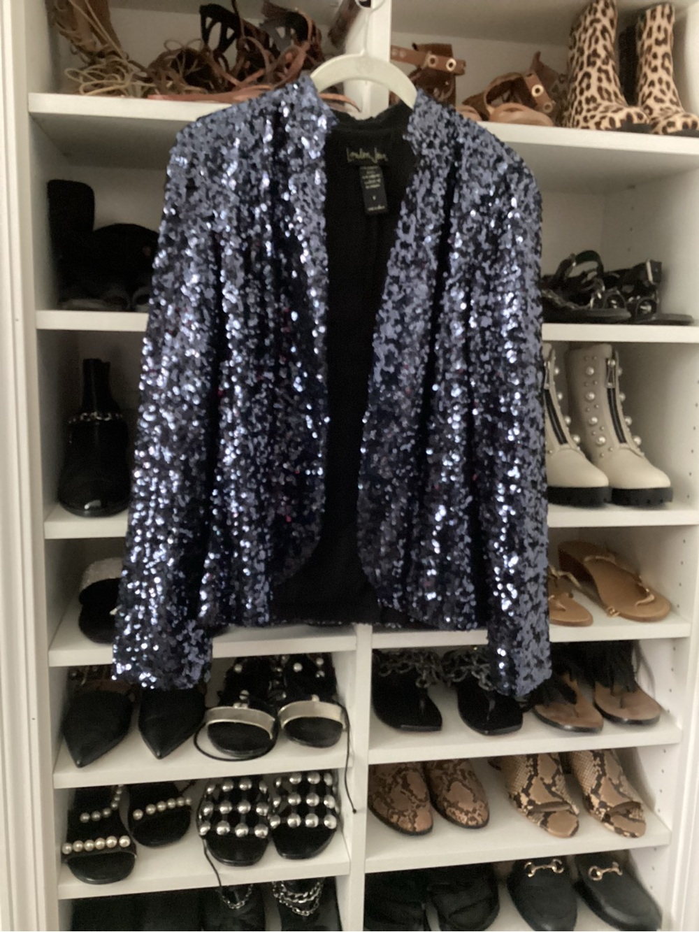 LONDONJEAN Navy Sequin Open-Front Blazer